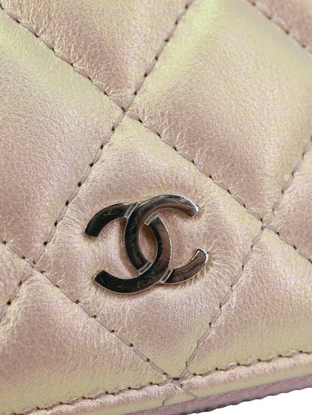 Chanel  Gusset Iridescent Leather Zip Around Wallet Pink